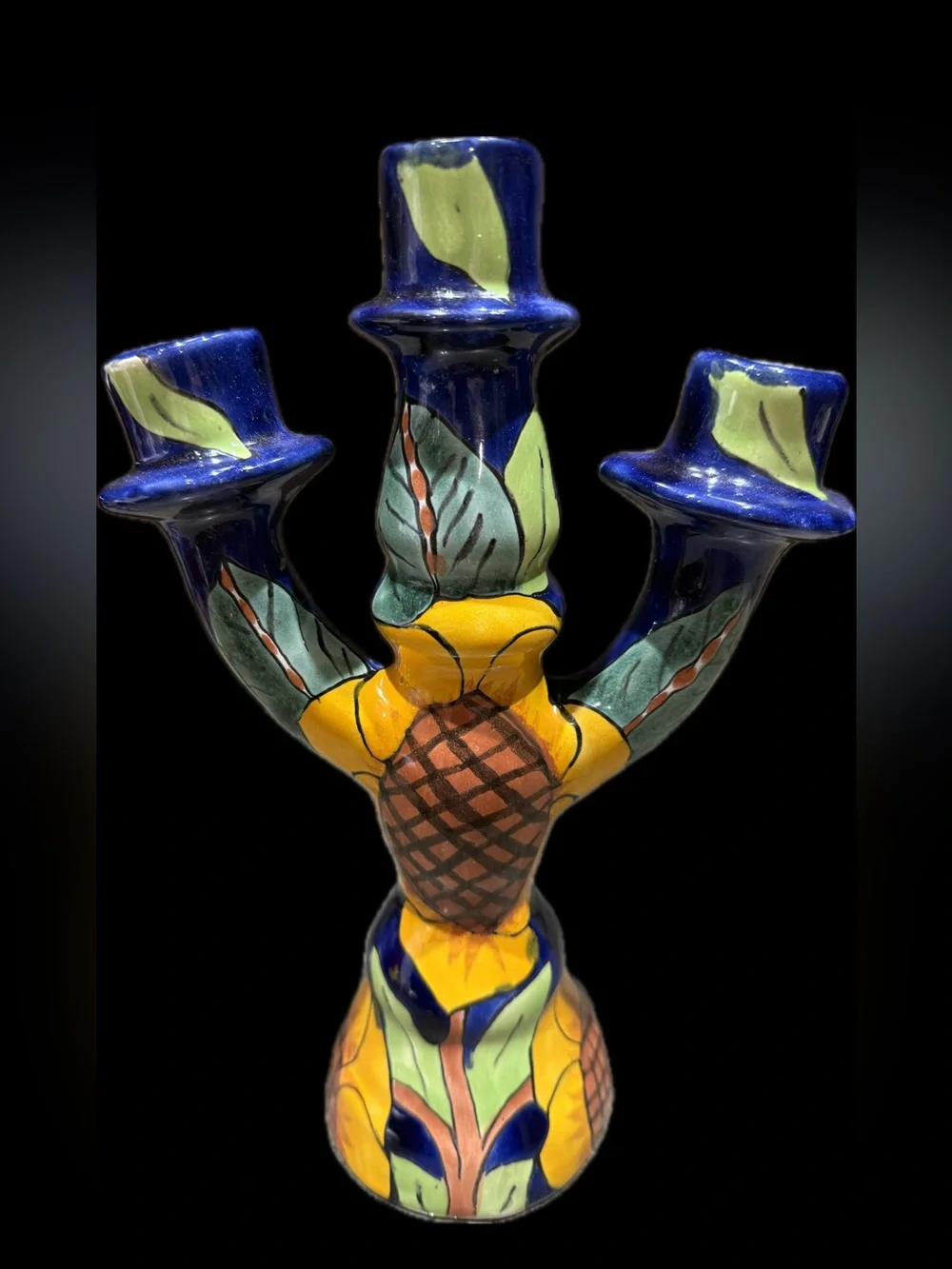 Beautiful Large Pair of Hand-Painted Mexican Talavera 3-Arm Candelabras.